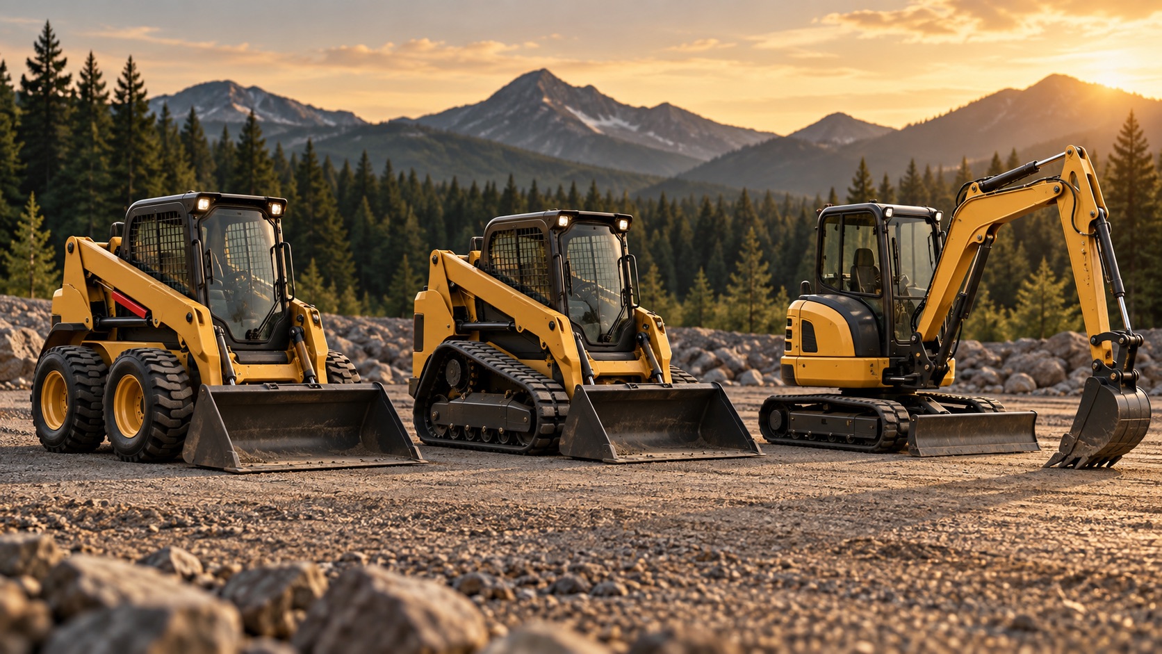 Wheeled skid-steer loader, compact track loader and mini excavator parked side by side