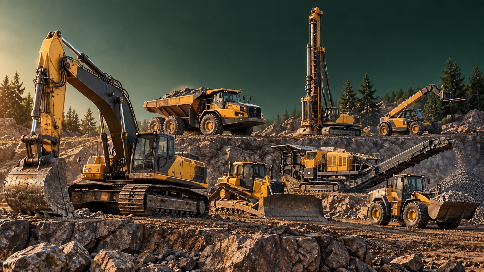 Excavators, dozers, loaders, graders and dump trucks.