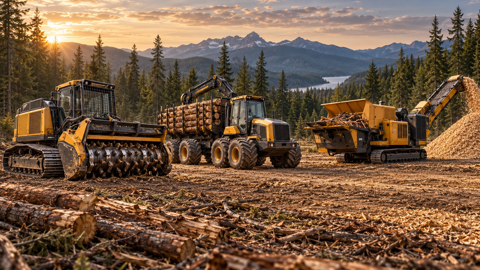 Mulchers, forwarders, skidders, chippers and wood grinders.